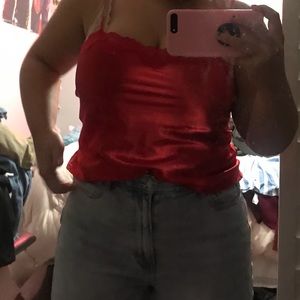 Red satin cami with lace trim